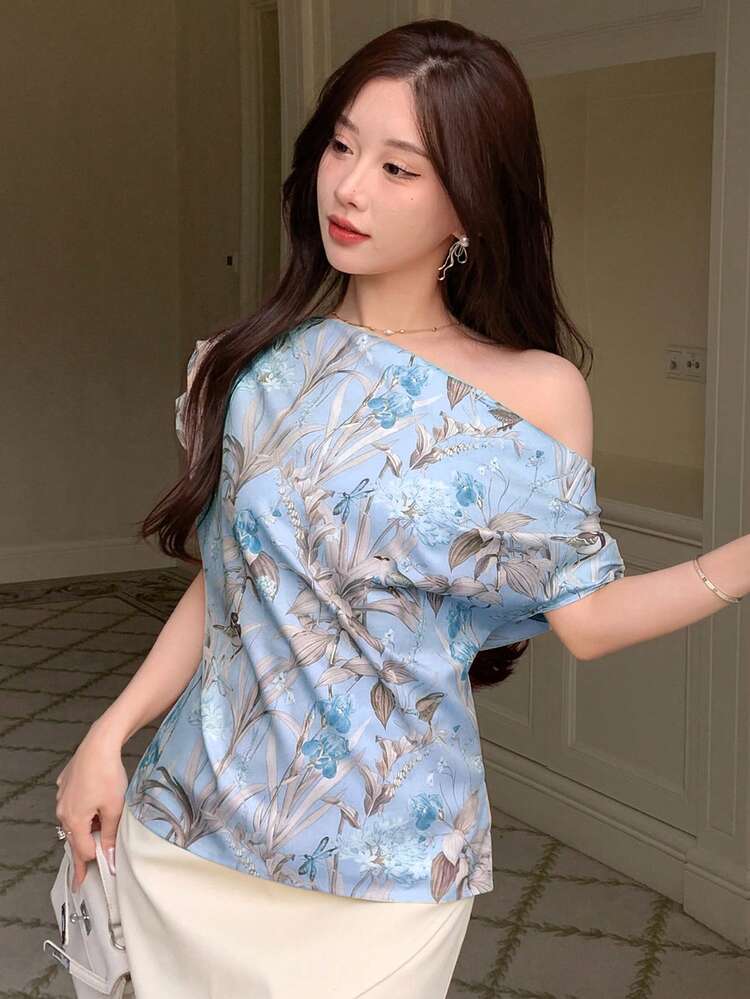 Women's Oblique-Shoulder Loose Floral Printed Shirt ,New Year Eve Summer Vacation Outfits Women Easter Boho