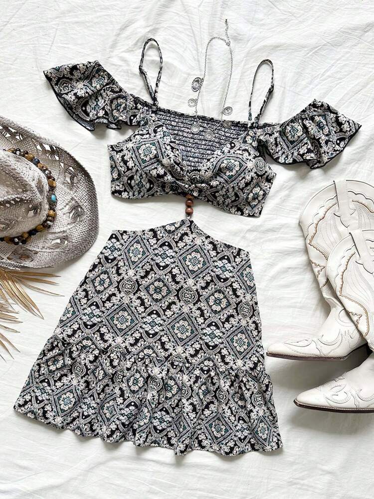 Women Black  Print Tile Patterned Cut-Out Waist Dress, Off-Shoulder Bohemian Summer Dress For Music Festival