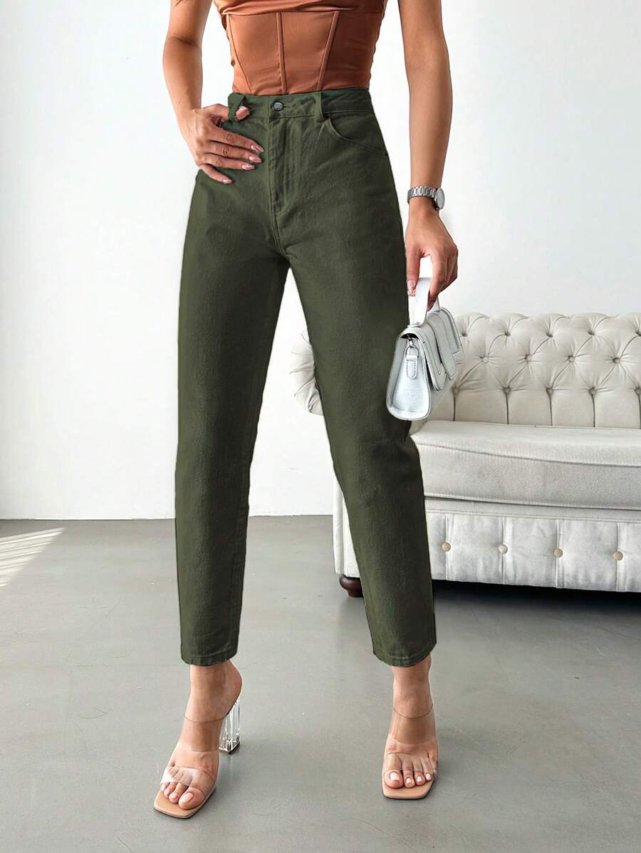 SHEIN Cottnline Solid Color Back Pocket Denim Jeans - Khaki - View 1