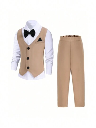 3pcs Young Boy Gentleman Outfit, 2 In 1 Long Sleeve Blazer, Vest And Extended Pants Suit With Bow Tie Set, Formal Wear For Wedding, Performance, Party, Birthday, Wedding And Graduation Young Boy Suit Setformal Outfit For Kidskids Boy Outfit Formalsuits For Toddler Boysboys Wedding OutfitWedding,Wedding Guest,Pageboy,Ring Boy