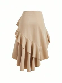 SHEIN Privé Phụ nữ hàng ngày, thanh lịch, kỳ nghỉ, bãi biển, lãng mạn, hẹn hò, đám cưới, vũ hội, lễ hội âm nhạc Váy bánh eo cao rẻ tiền có viền diềm xếp nếp, dài midi - Màu be - Xem 2