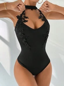 SHEIN Privé Women's Summer Daily Sexy & Elegant Holiday Dating All-Match Black Lace Spliced V-Neck Halter Bodycon Bodysuit