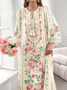 Yasmyna 女式长款花卉蔓藤花纹连衣裙，配有流苏系带领口和喇叭袖，朴素全长长袍，休闲长袖连衣裙 - 黃色 - 查看 4