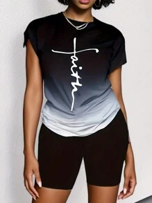 Zolique Ombre Letter Print Pleated Collar Short Sleeve T-Shirt And Solid Color Shorts Set For Summer - Black - View 1