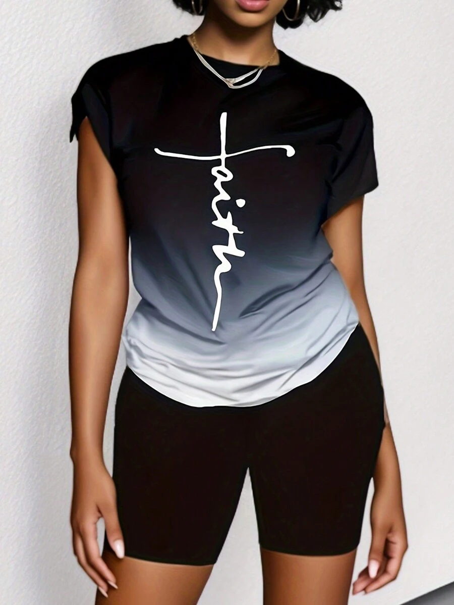Zolique Ombre Letter Print Pleated Collar Short Sleeve T-Shirt And Solid Color Shorts Set For Summer - Black - View 1