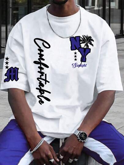 Manfinity Homme 男士字母图案短袖 T 恤，街头服饰，男朋友礼物，适合外出