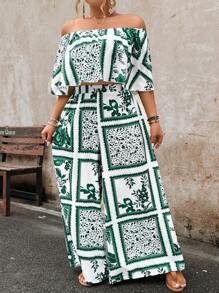 SHEIN Holidaya 大码女式夏季植物印花露肩短款上衣和阔腿裤宽松两件套 - 白色 - 查看 1