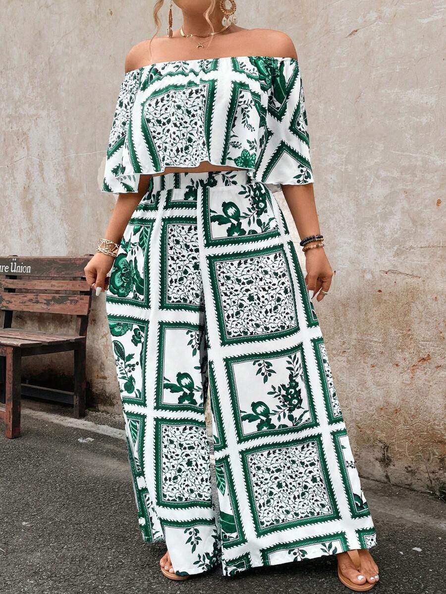 SHEIN Holidaya 大码女式夏季植物印花露肩短款上衣和阔腿裤宽松两件套 - 白色 - 查看 1