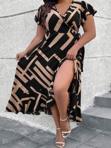 SHEIN CURVE+ Vestido largo de mujer de talla grande con bloque de color, estampado geométrico, volante en el bajo y lazo para atar, para uso casual de verano - Negro - Ver 4