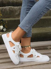 Summer Hollow Out Breathable Women's Flat White Sneakers, Fashionable Casual Sports Shoes For Women