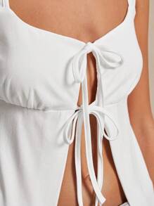 Poéselle 简约纯色女式前中系带背心、针织系带背心、短款女式上衣、白色女式上衣、白色上衣 - 白色 - 查看 5