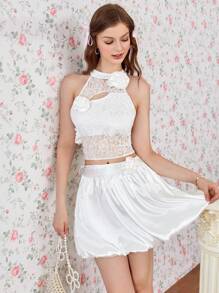 Chiquease Sweet And Pure Lace 3D Flower Asymmetrical Design Waist-Cut Ruffled Top With Detachable Satin Bud Belt And 3D Flower Mini Skirt Set - White - View 6