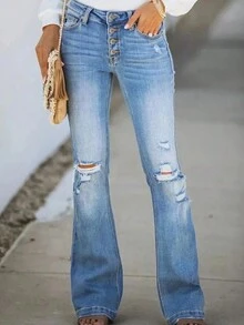 Women's Casual Ripped Skinny Flare Jeans - Light Wash - View 3