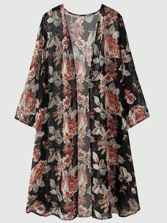 EMERY ROSE Plus Size Women Random Flower Print Casual Jacket Winter Fall Autumn