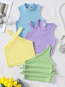 Bộ 4 chiếc áo crop top dệt kim màu trơn cho cô gái trẻ - Màu xanh lam - Xem 1