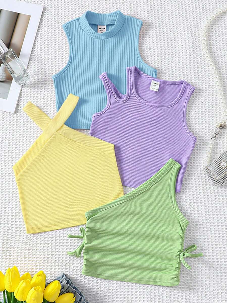 Bộ 4 chiếc áo crop top dệt kim màu trơn cho cô gái trẻ - Màu xanh lam - Xem 1
