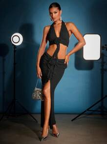 SHEIN BAE Women's Summer Sexy Plain Camisole With 3D Floral Decoration, Backless, High-Slit Hem Skirt 2-Piece Set