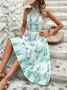 SHEIN LUNE Vestido de vacaciones para mujer con cuello halter impreso, sin mangas y con detalle de huecos y dobladillo de volantes