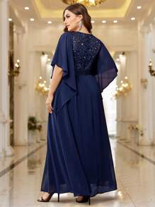 Plus Elegant Butterfly Sleeve Chiffon Sequin Lace Bodice Evening Party Long Dress - Navy Blue - View 2