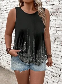 EMERY ROSE Camiseta de punto de cuello redondo impresa con decoración de pedrería para mujer de talla grande de verano - Negro - Ver 1