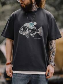 Maden復古深海魚絨印花T恤，圓領，短袖 - 深灰色 - 查看 6