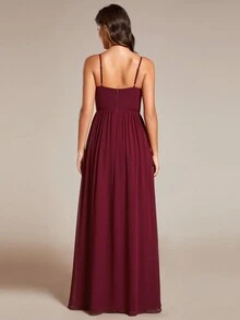 EVERPRETTY Deep V-Neck Spaghetti Strap Open Back Asymmetric Ruffled Bridesmaid Dress - Burgundy - View 2
