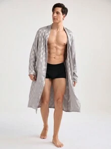 Men's Stylish Checkerboard Long Sleeved Mid-Length Homewear Bathrobe - Apricot - View 1