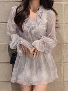 DAZY Women's Floral Ruffle Edge V-Neck Dress,Fall Dress Long Sleeve Dress