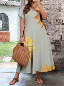 EMERY ROSE Summer Sunflower Print Bodycon Dress For Plus Size Women - Grey - View 5