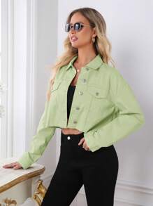 SHEIN Essnce 純色釦領休閒長袖牛仔外套，帶磨邊邊緣 - 綠色 - 查看 5