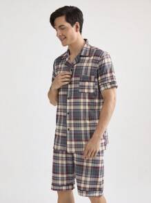Men's Plaid Short Sleeve And Long Pants Homewear Set - Dark Grey - View 5