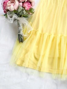 Soleia Women's Vacation Style Twist Front Mid Length Cake Dress With Knit And Mesh Layers, Romantic Country Summer Graduation And Wedding Season Cute Lunch, Light Yellow