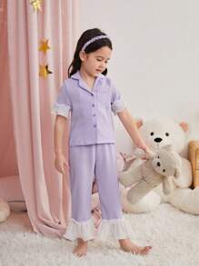 SHEIN Young Girl Elegant And Simple Shirt Collar With Lace Decorations Papery Sleepwear, 2pcs Set (Sold Separately), Matching Sibling Outfits - Mauve Purple - View 6
