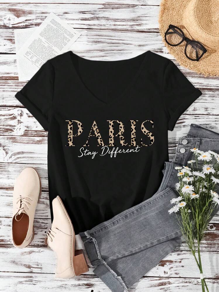 EMERY ROSE 女士加大码巴黎字母豹纹 V 领短袖 T 恤、休闲套头衫，适合夏季 - 黑色 - 查看 3