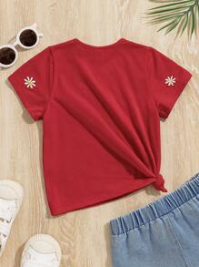 SHEIN Young Girl Knitted Embroidered Solid Color Casual Casual T-Shirt With Round Neck
