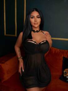 Classic Sexy Plus Size Women's Sexy Solid Color Mesh Spliced Halter Lingerie Dress With T-Back Panties
