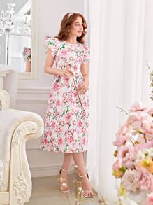 SHEIN Teen Girls' Knit Texture & Jacquard Floral Printed Cap Sleeve A-Line Dress - Multicolor - View 8