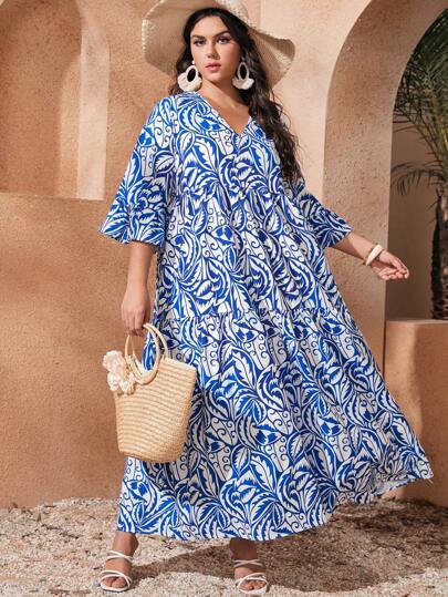 فستان سموك باكمام منتفضة وطباعة متكررة مقاس كبير