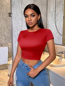 VaVaBold Women's Summer Solid Color Fitted Crop Top With Round Neck And Hollow Back Design - Red - View 2