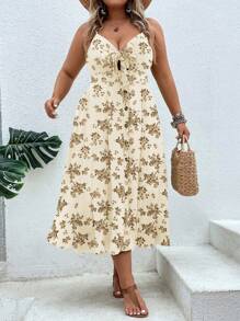 Breezaya Plus Size Women's Random Printed Simple Daily Dress - Apricot - View 4