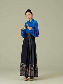 Chinese Style Horse-Face Skirt With Lotus Jacquard Weave Lady's Long Skirt - Blue - View 5