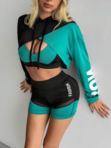 Easithlete Letter Graphic Colorblock Drop Shoulder Drawstring Hooded Sports Set - Multicolor - View 3