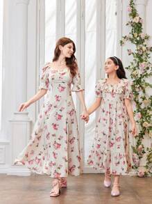 Tween Girl Cute Square Neck Ruffle Trim Bubble Sleeve Dress - White - View 4