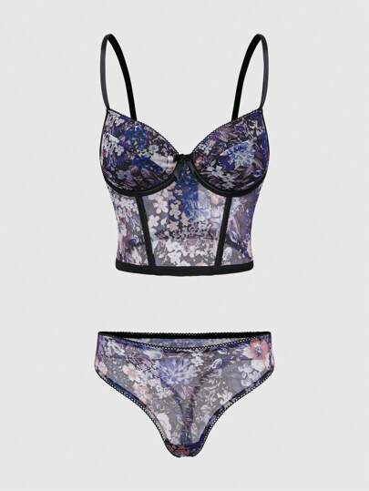 Fairycore مجموعة حمالة صدر بسلك داخلي بطبعات زهرية للنساء