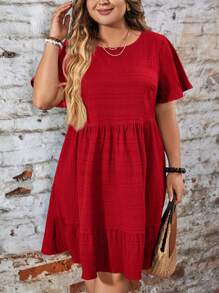 SHEIN LUNE Vestido de manga corta con cuello redondo y volante en el bajo, unicolor, talla grande, para el verano