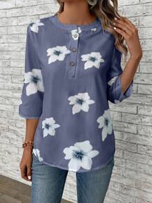 SHEIN LUNE 女款花卉印花鈕扣半扣領短袖輕便襯衫，適用於夏季度假 - 藍色 - 查看 3