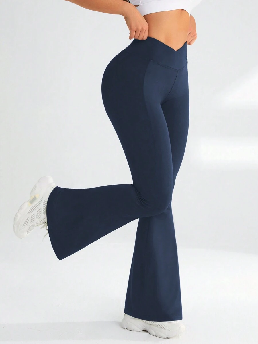 SHEIN Sports High-Waisted & Cross-Waist Elastic Flared Athletic Pants - Navy Blue - View 1