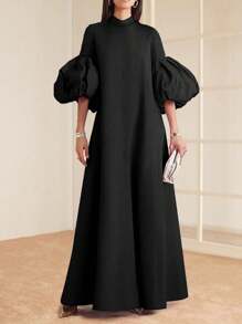 Solid Color Lantern Sleeves Elegant Long Formal Dress Black Prom Evening Wedding Guest Gown, For Graduation, Dinner Party Dress
