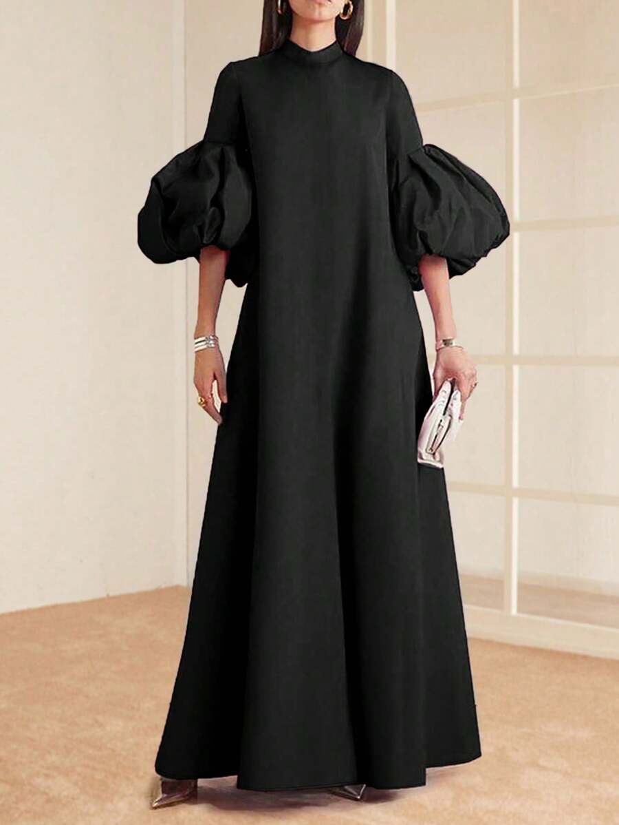 Solid Color Lantern Sleeves Elegant Long Formal Dress Black Prom Evening Wedding Guest Gown, For Graduation, Dinner Party Dress