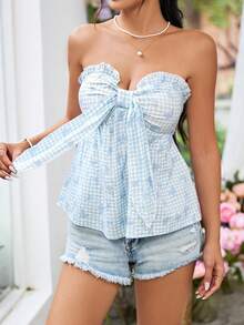 SHEIN WYWH Áo quây mùa hè dành cho nữ có viền xù, thắt nút và họa tiết vải kẻ in hình con bướm - Màu xanh lam - Xem 4